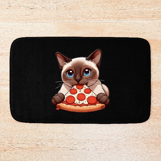 Siamese cat enjoying pizza Bath Mats