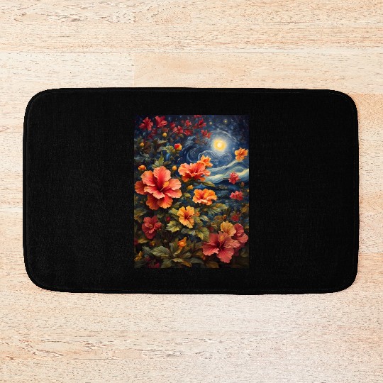 Colorful Hibiscus Under Starry Night Sky Bath Mats