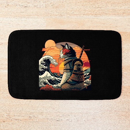 Samurai Cat vs The Great Wave Bath Mats