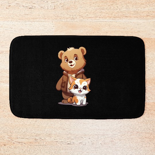 cute kitty cat and teddy bear in cartoon style Bath Mats