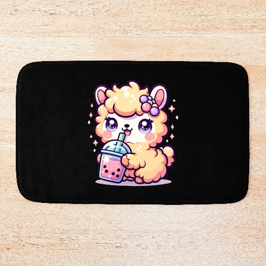 Kawaii Llama Sips Bubble Tea Cute Llama Boba Tea Bath Mats