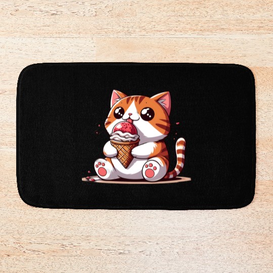 Chubby cat enjoys ice cream balls Bath Mats
