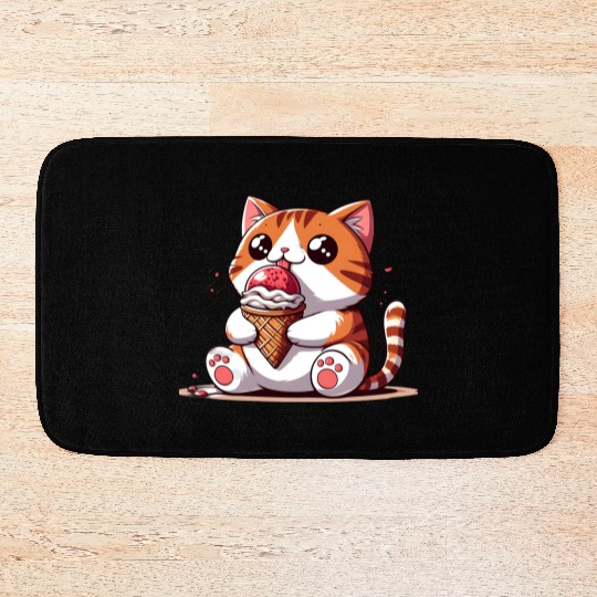 Chubby cat enjoys ice cream balls Bath Mats