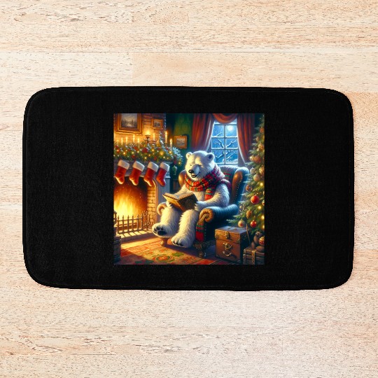 Winter Tales-Merry Cozy Bear Reading by Fireplace Bath Mats