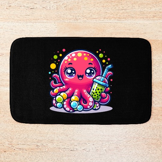Kawaii Octopus With Bubble Tea Sea Ocean Boba Tea Bath Mats