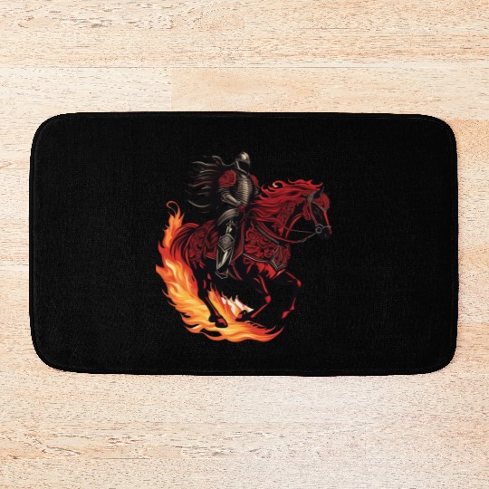 Flaming fantasy horse made out gothic armor Bath Mats