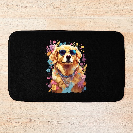 Cool Golden Retriever with Sunglasses and Flowers Bath Mats