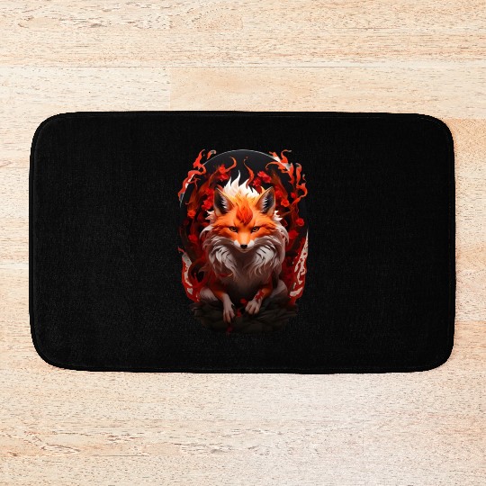 Nine tailed fox in glowing red fire Bath Mats