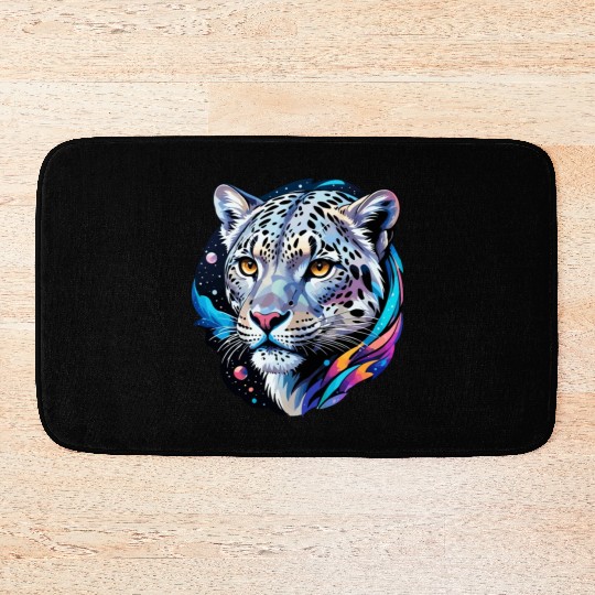 Cosmic Snow Leopard - Ethereal Animal Portrait Bath Mats