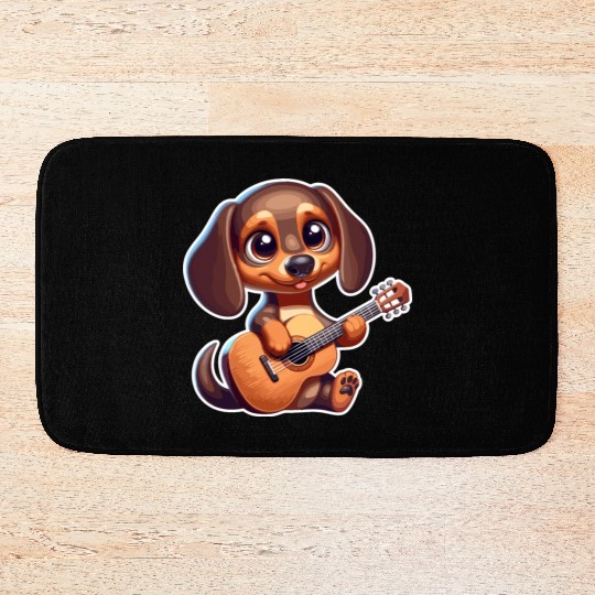 Cute Dachshund playing Guitar Bath Mats