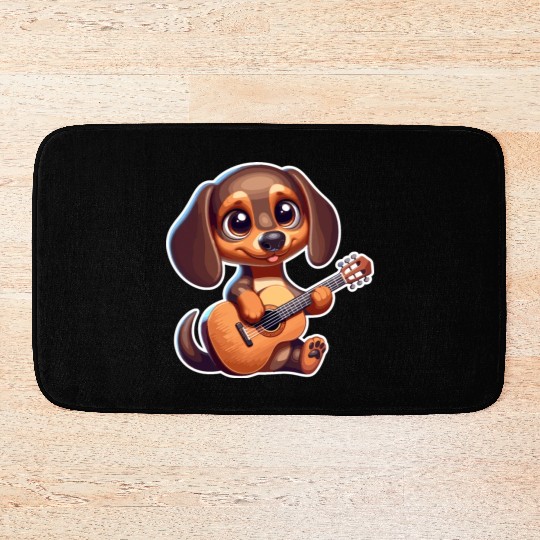 Cute Dachshund playing Guitar Bath Mats