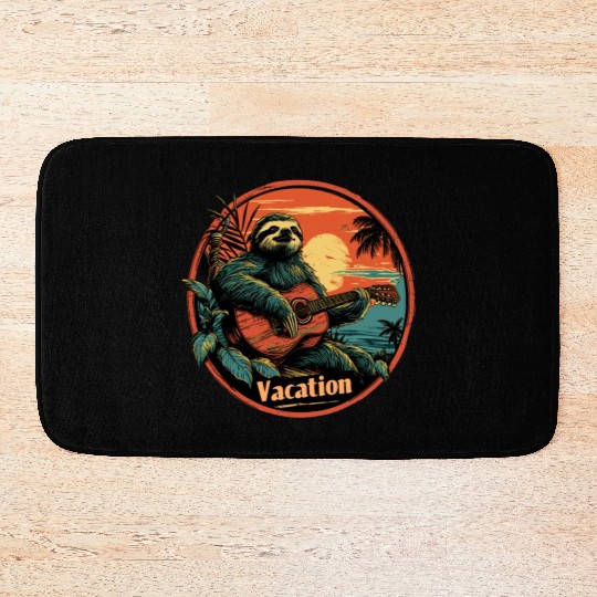 Tropical Sloth Guitar Vacation Sunset Beach Bath Mats