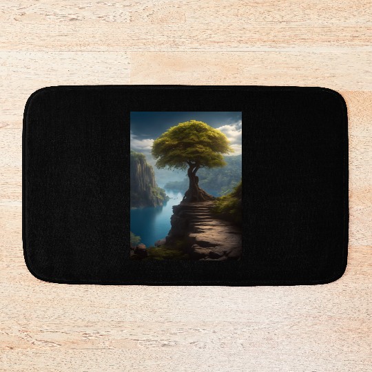 Tree on the Edge of a Cliff Overlooking a River Bath Mats