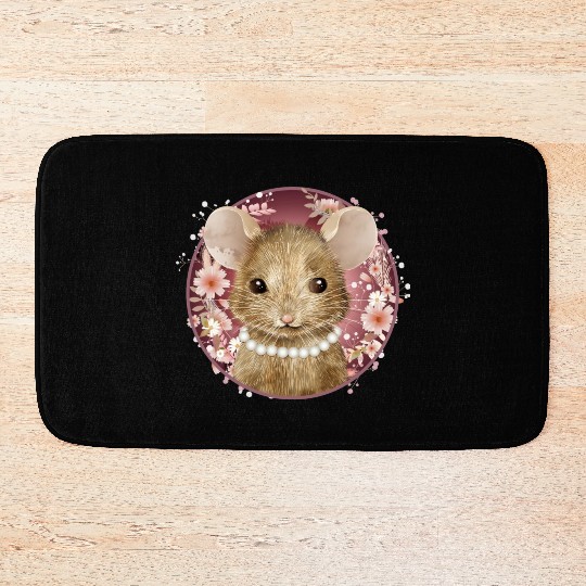 Mouse girl with pearls in floral pink frame Bath Mats