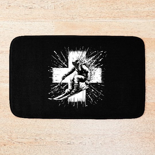 Skiing Switzerland - Swiss Skier in the Alps Bath Mats