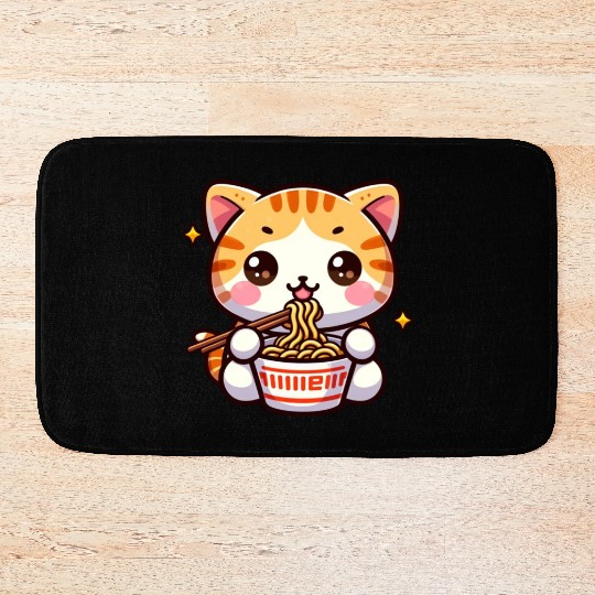 Cute Cat Eating Ramen Bath Mats