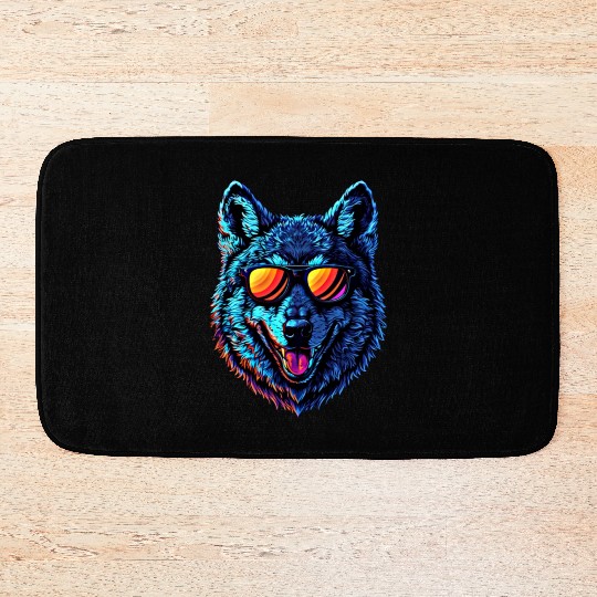 Cool Wolf Face Blue Wolf Wearing Sunglasses Bath Mats