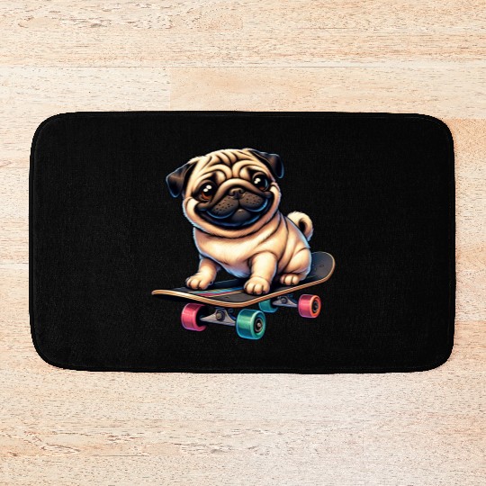 Skateboarding Pug, Dog Skateboarder Bath Mats