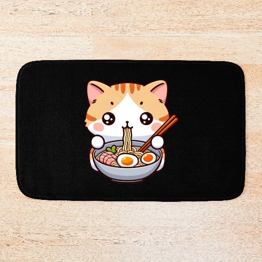 Cute Cat Eating Ramen Bath Mats