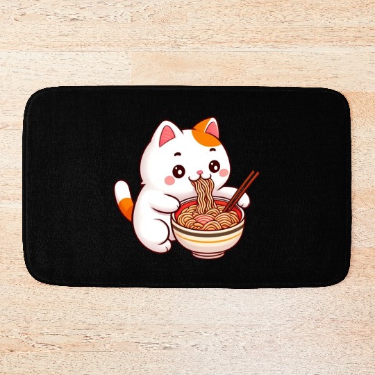 Cute Cat Eating Ramen Bath Mats