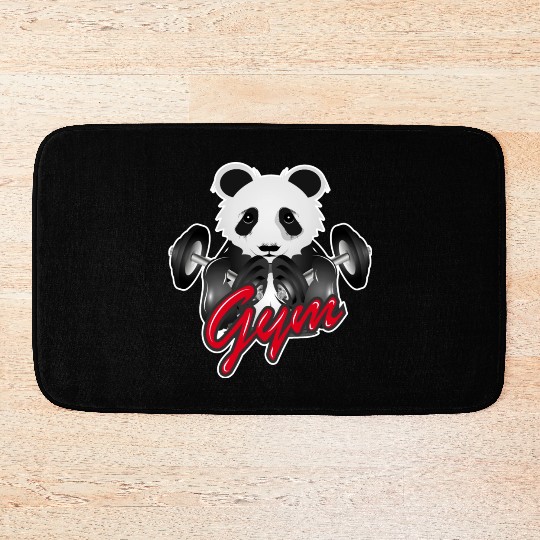 Bodybuilder panda bear with barbell in gym Bath Mats