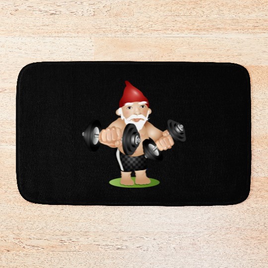 Bodybuilder garden gnome with dumbbells training Bath Mats