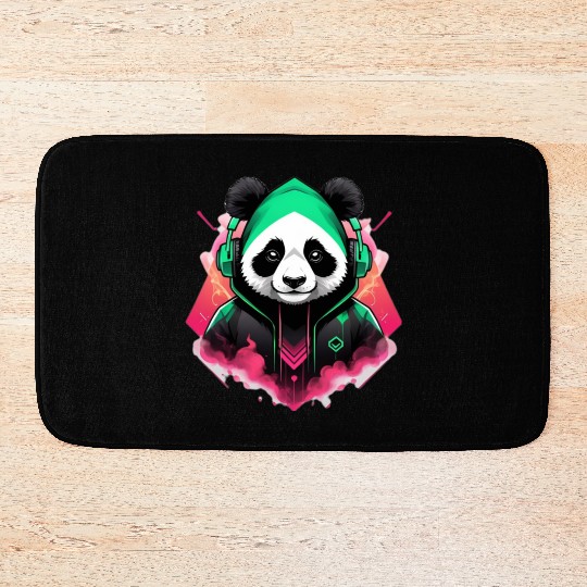 design of a panda head listening to music Bath Mats