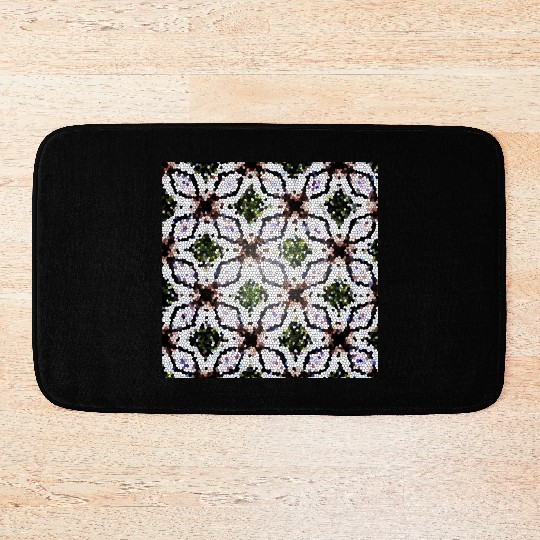 stained glass print in greens and roses Bath Mats