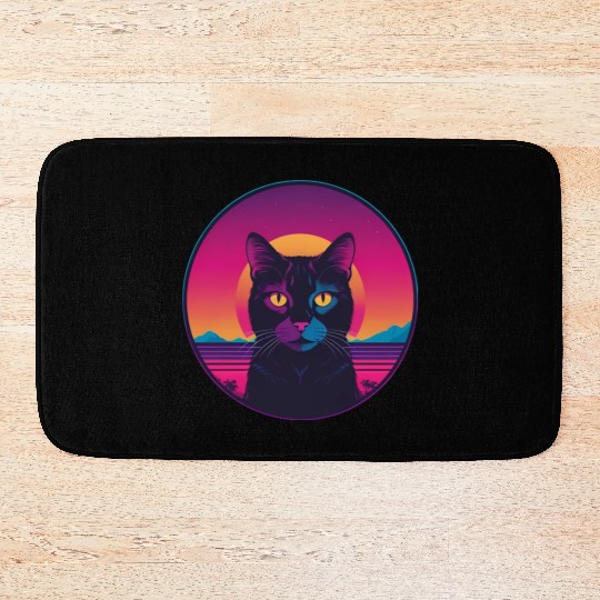 Synthwave Black Cat Bath Mats