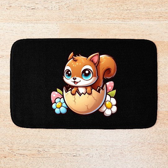 Cute Squirrel with Easter Egg Comic Design Bath Mats