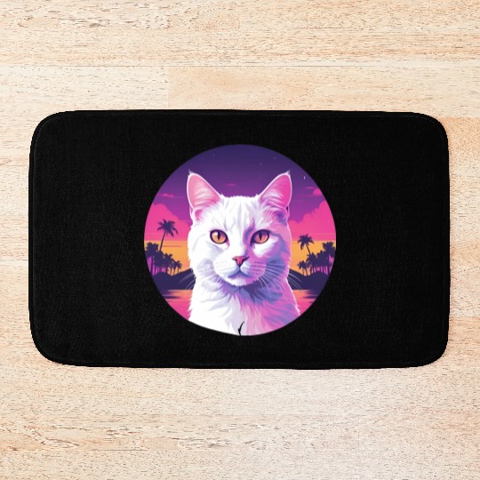 Synthwave White Cat 2 Bath Mats