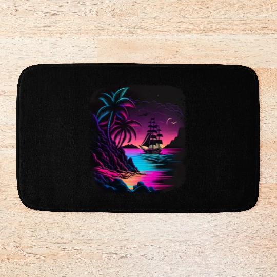 Retro Sunset Sailboat Tropical Beach For a Bath Mats