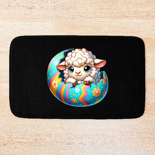 Colorful Lamb Hatching from Easter Egg Cartoon Bath Mats