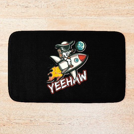Space Cowboy Riding a Rocket with Yeehaw Slogan Bath Mats