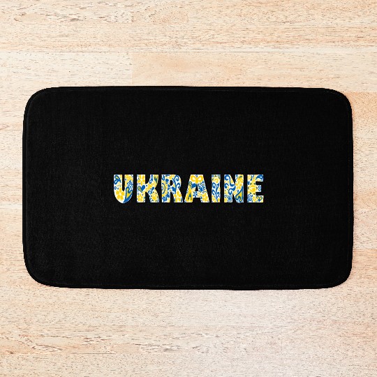 Folk art lettering Ukraine in national flag colors Bath Mats