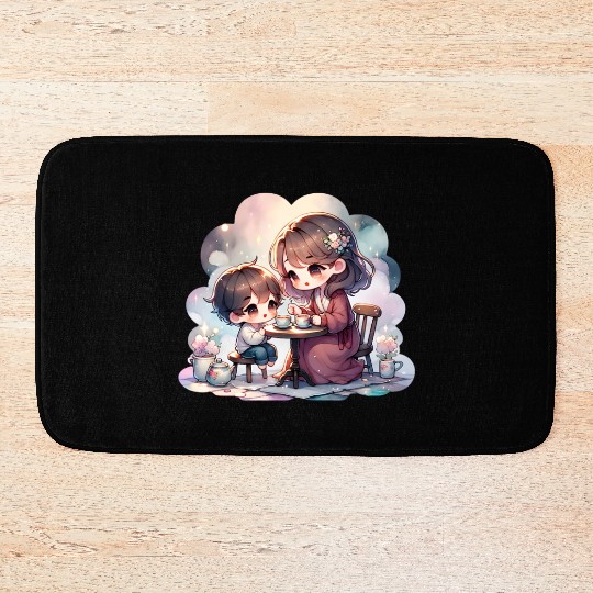 Mother and Son Enjoying a Cozy Tea Party Bath Mats