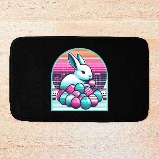 Synthwave Easter Bunny with Eggs Bath Mats
