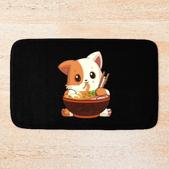 Cute anime cat eating ramen noodles Bath Mats