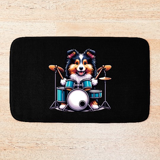 Cool Sheltie Puppy Drummer Design Bath Mats