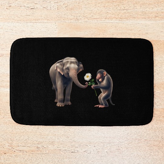 Monkey Gifting Flower to Shy Elephant Bath Mats