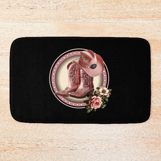 PINK COWGIRL BOOTS, PINK COWGIRL HAT RETRO WESTERN Bath Mats