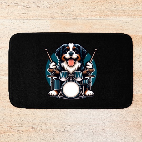 Cool Bernese Mountain Dog Drummer Design Bath Mats