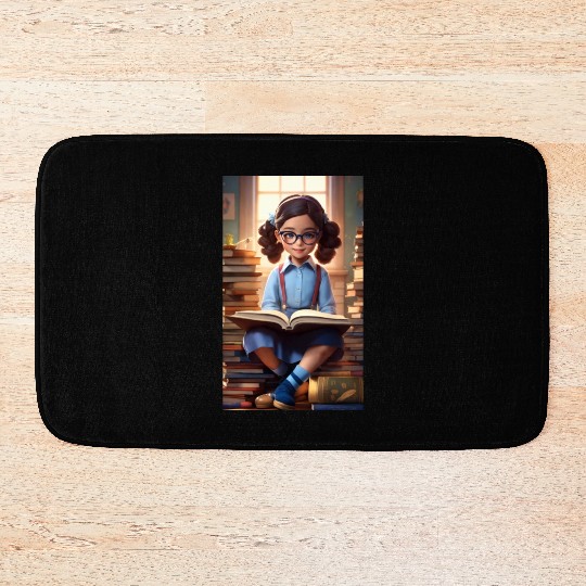 A sweet 5 year old girl wearing a light blue butto Bath Mats