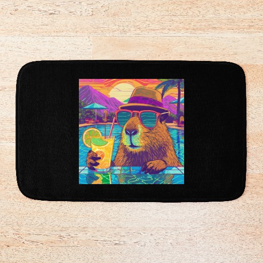 Capybara on vacation sipping on Lemonade Bath Mats