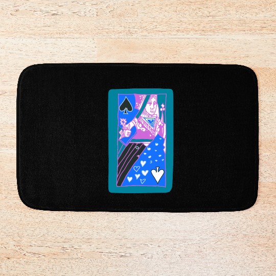 Teal Queen Of Spades Modern Art Playing Card Bath Mats
