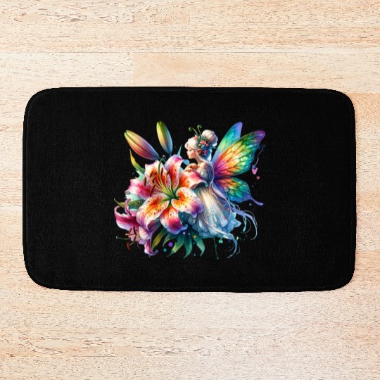 Tiger Lily Fairy Floral Fantasy Watercolor Bath Mats