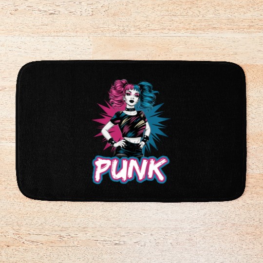 Punk girl with pink and blue hair retro style for Bath Mats