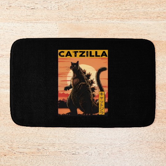 Catzilla Vintage Funny Cute Cat Art Japanese Sunse Bath Mats