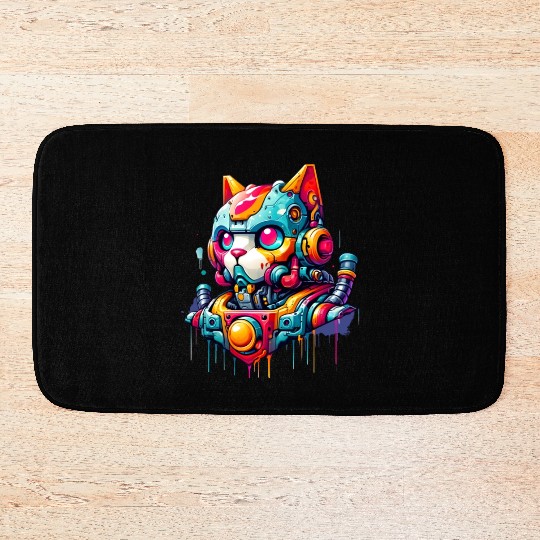 Cat designed as a robot in comic graffiti style Bath Mats