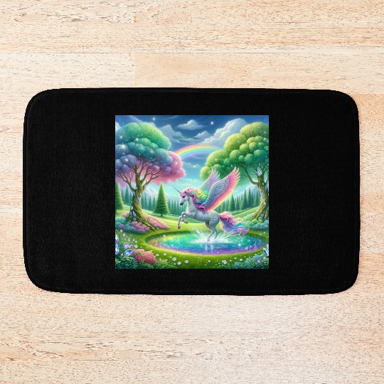 Enchanted Rainbow Unicorn Over Sparkling Pond Bath Mats